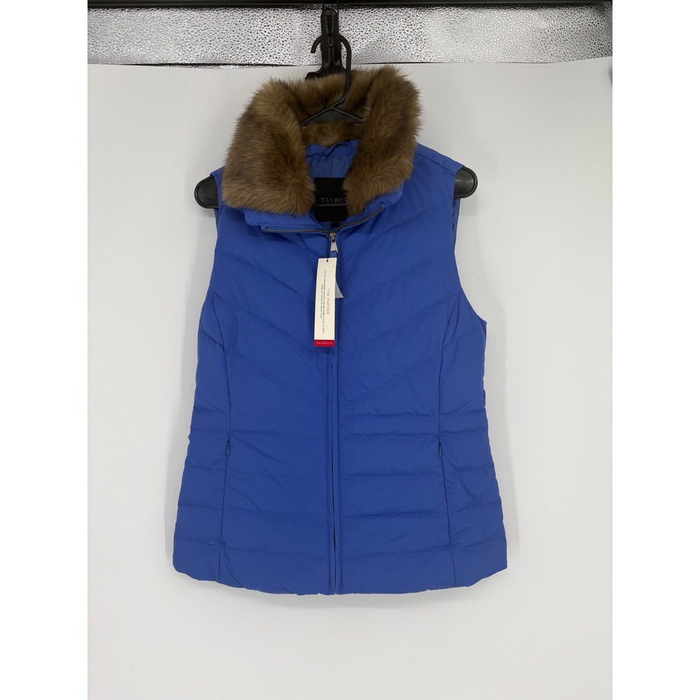 Talbots Puffer Vest Womens S Blue The Puffer Down Faux Fur Trim NEW